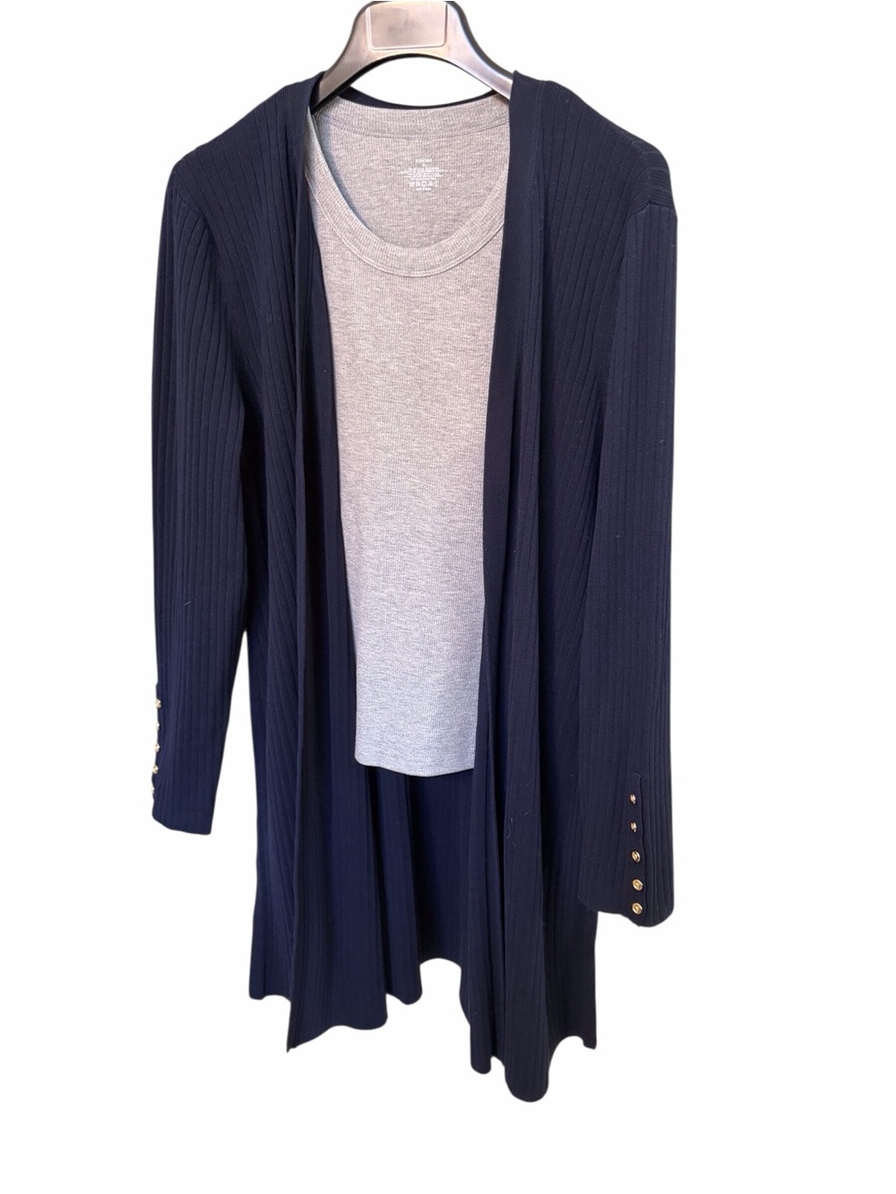 Talbots Navy Ribbed Open Front Long Cardigan Gold Button Cuffs - Picture 2 of 9